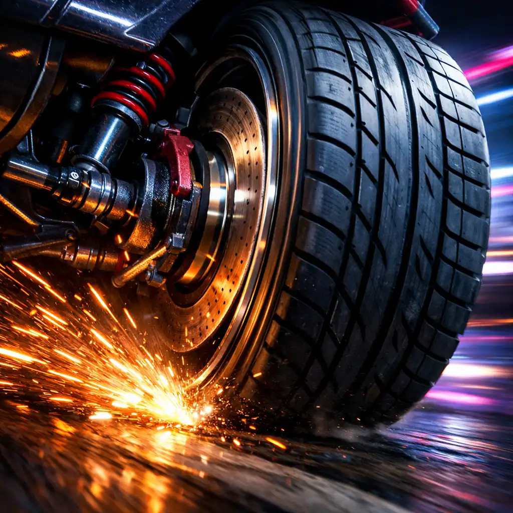 Zbliżenie na koło i zawieszenie samochodu podczas ostrego manewru w Impossible Driver