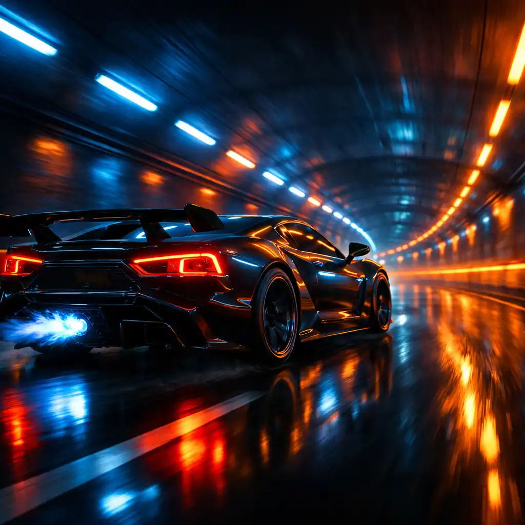 Efektowna scena w Impossible Driver: pojazd w tunelu z neonowym oświetleniem, refleksy świetlne na karoserii