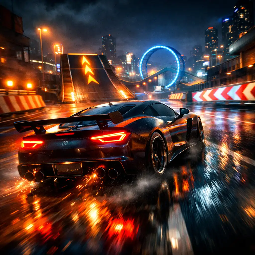 Samochód sportowy pędzący nocą przez neonowy tor przeszkód w Impossible Driver