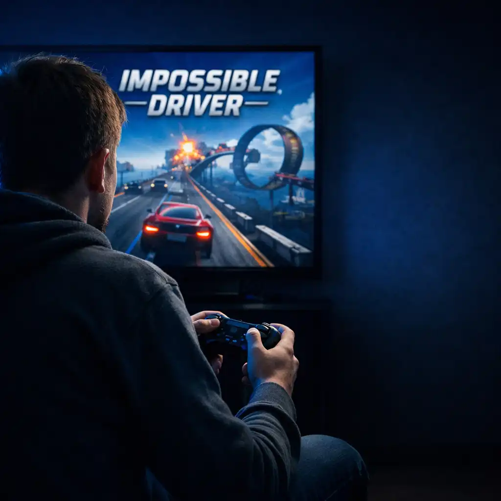 Gracz z kontrolerem w dłoniach, skupiony na ekranie z grą Impossible Driver