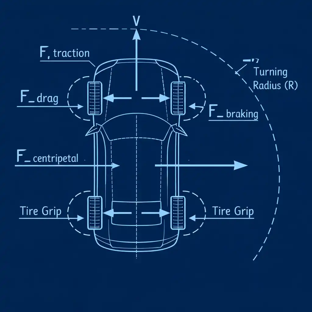 Schematyczny diagram modelu jazdy w stylu blueprint: widok z góry na samochód z zaznaczonymi wektorami sił, przyczepnością opon i promieniem skrętu